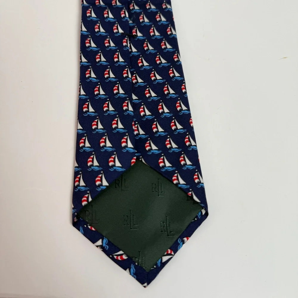 Lauren Ralph Lauren Mens 100% Silk Woven Blue Nautical Sailboat Tie Navy Red